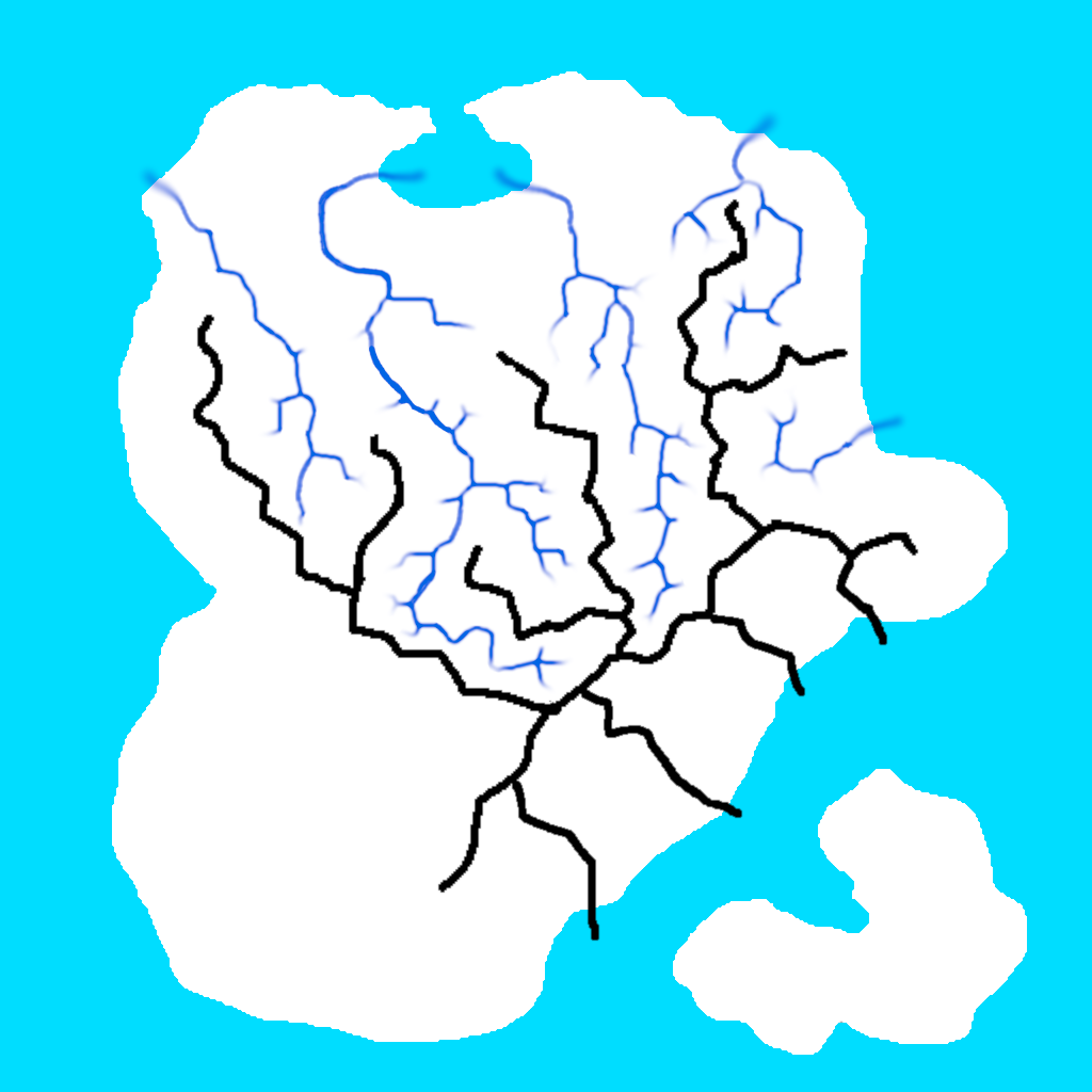 A few black jagged-lines on a white island. This is a map of the mountain ridges. Arround the island is a light blue sea. There are also dark blue lines for the rivers, between the moutain ridges.