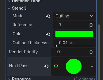 Close up of the Godot editor, where we can see the settings for the Stencil part of a material. There is a "Mode" with a dropdown currently showing "Outline", another field "Reference" has been configured as "1", then there is "Color" which is set to green, and "Outline sickness" set to 0.01m.