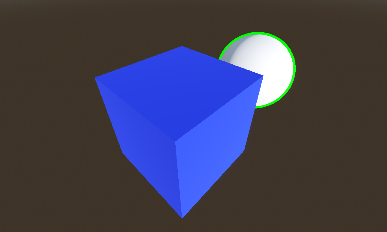 A screenshot where we just see a white sphere on a brown background, and a blue box in front of the sphere, partially hiding it. The sphere has a green outline, which is also partially hidden by the box.