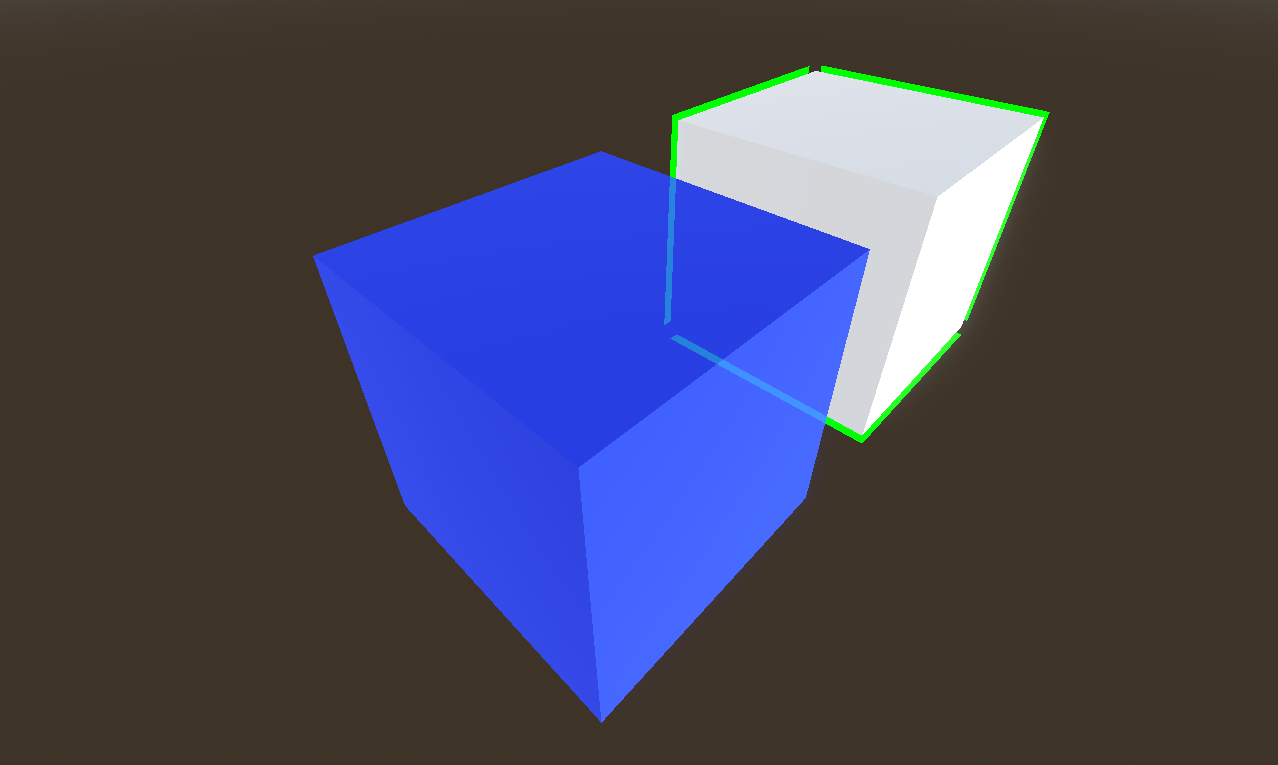 A blue box in front, with a white box behind. The white box has a green outline. But around three vertices of the box, there is a gap in the outline, through which we see the background.
